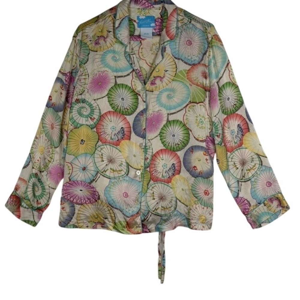 Nick & Nora Womens 100% Silk Pajama Top Large Parasol Dragon Print Multicolor